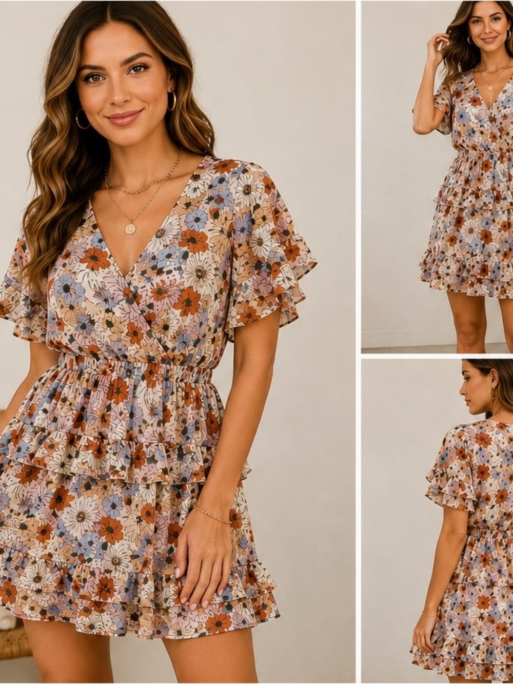 Astr Floral Tiered Ruffle Mini Dress in Rust, Blue & Cream